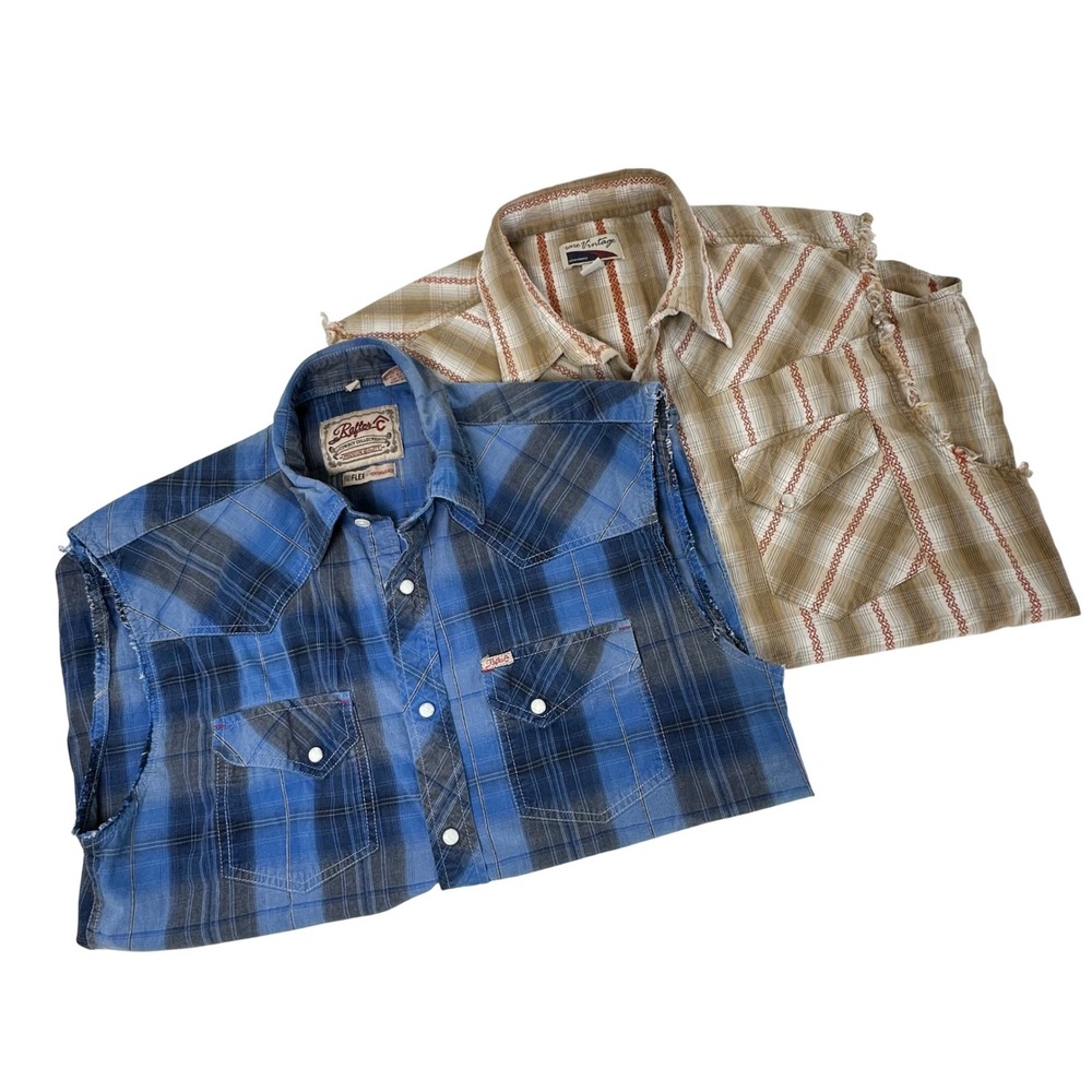 Rafter C Rare Vintage Cowboy Lot ‎ Mens L Blue Plaid Sleeveless Western Shirt